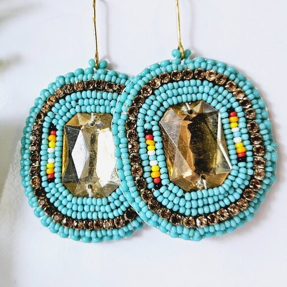 2/$27 | Turquoise Sparkle Shield Beaded Indigenous Hoop Earrings | Handmade - Picture 1 of 6